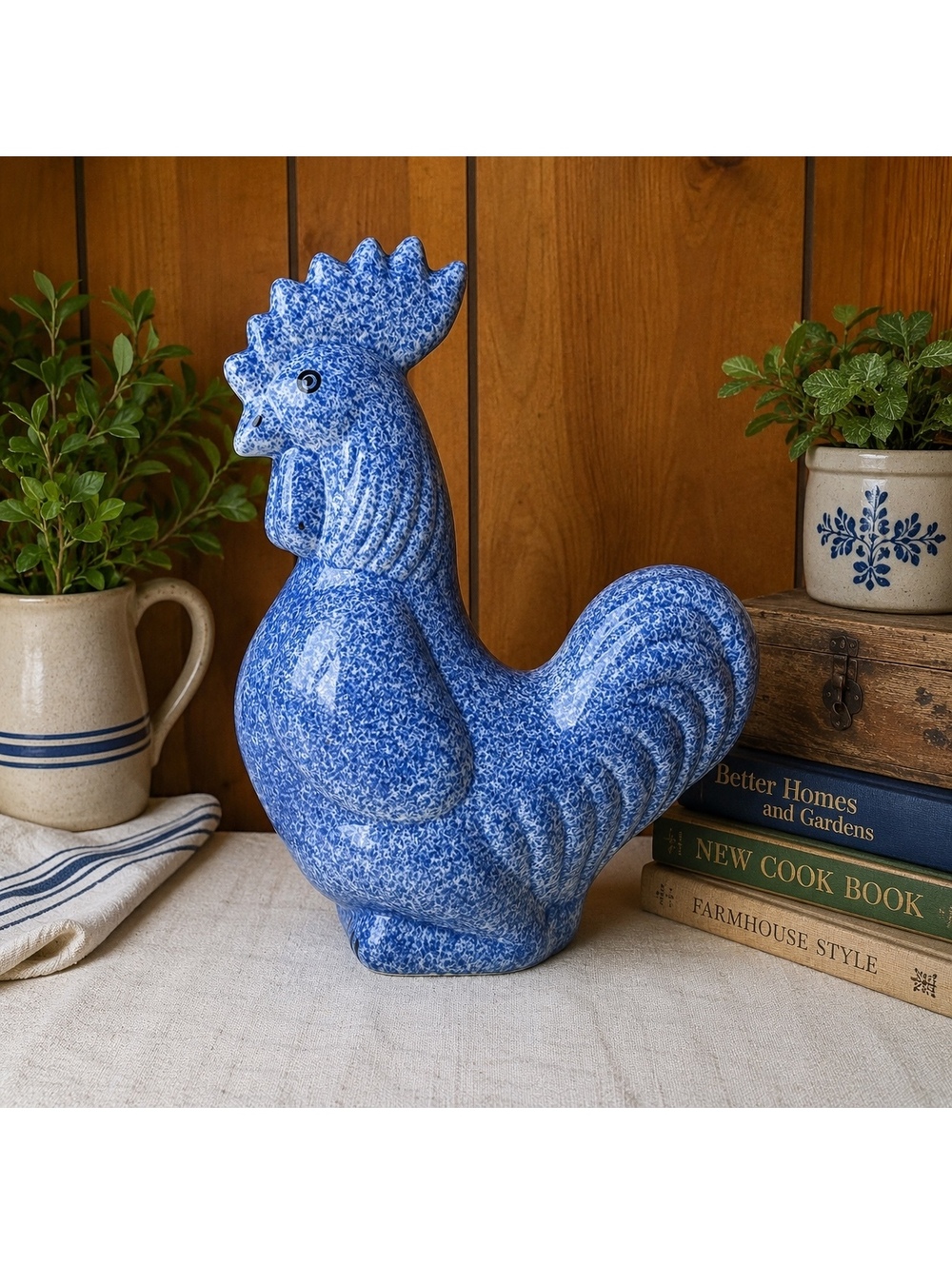 Vintage Calico China Blue Spongeware Rooster Figurine Ceramic Farmhouse Decor